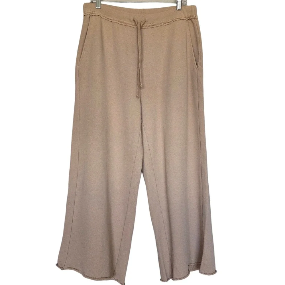 Eileen Fisher Tan Organic Cotton French Terry Wide Leg Pants Cropped Medium NEW